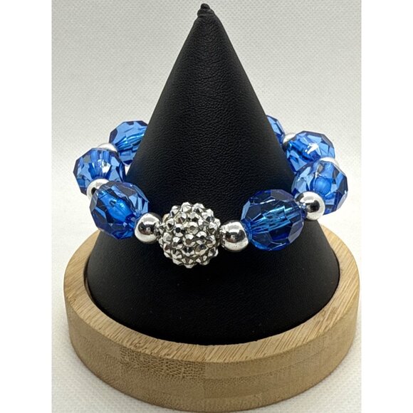 Blue Faceted Bead & Silver Stretch Bracelet For Women Adjustable - Picture 1 of 3
